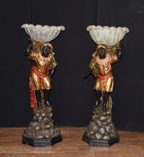 fig 1. Pair Venetian Blackamoor Figurines - Antique Clam Shell Planter Stands