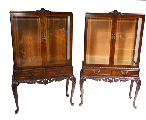 Pair Antique Display Cabinets - Walnut Victorian Bookcases