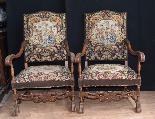 Antique Walnut Arm Chairs - French Tapestry Farmhouse Furniture