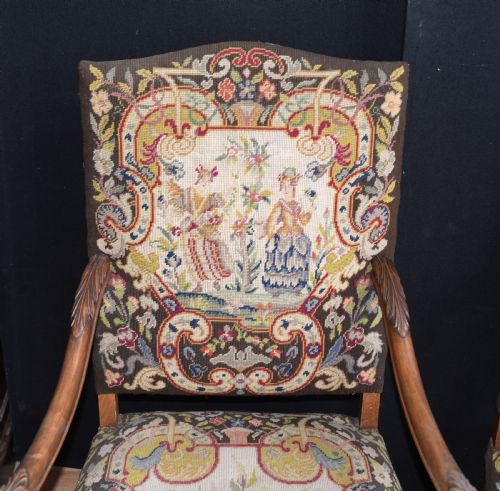fig 1. Antique Walnut Arm Chairs - French Tapestry Farmhouse Furniture