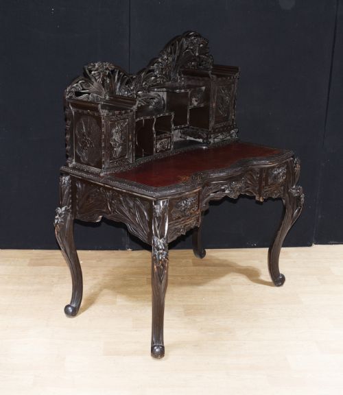 Antique Japanese Desk and Chair Set - Carved Hardwood 1880
