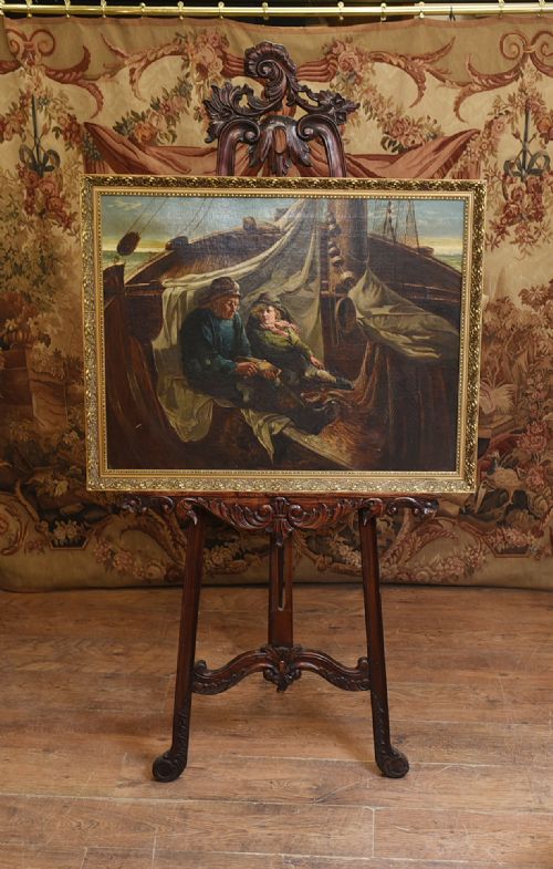Victorian Oil Painting Portrait Girl and Fisherman Antique 1873