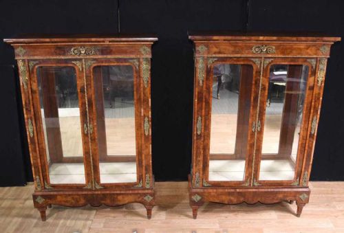 Pair Antique Pier Cabinets - English Burr Walnut Victorian