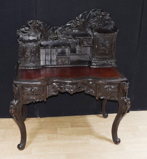Antique Japanese Desk and Chair Set - Carved Hardwood 1880
