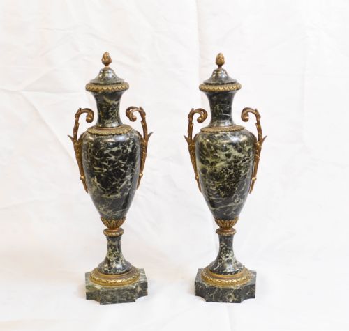 fig 1. Pair French Marble Urns - Antique Empire Cassoulet Vases