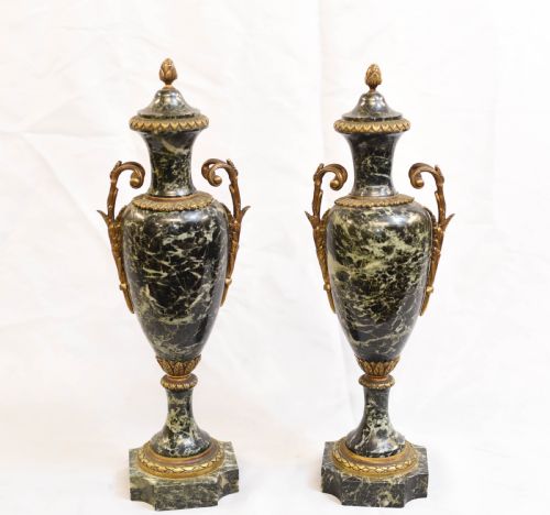 fig 2. Pair French Marble Urns - Antique Empire Cassoulet Vases