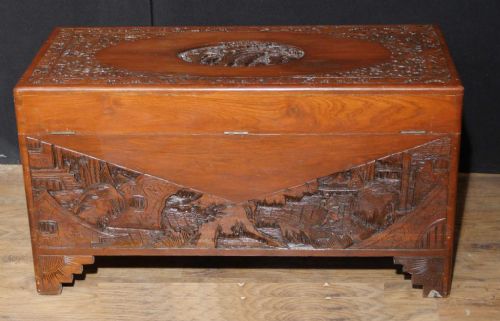Antique Chinese Carved Camphor Wood Chest Luggage Trunk Table