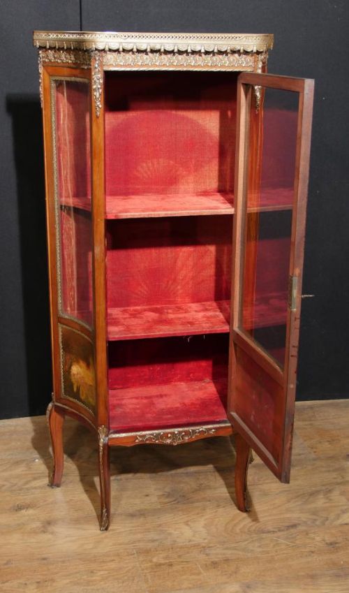fig 1. A French Vernis Martin style display cabinet featuring a glass door, side glass panels, red velvet interior shelves, ormolu mounts, and a hand-painted lower panel on cabriole legs.