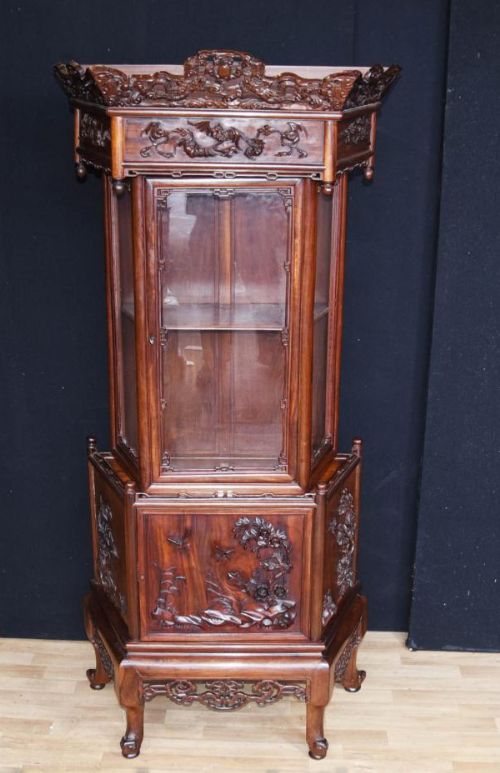 Antique Chinese Padauk Hand Carved Display Cabinet Relief Carving Bookcase 1890