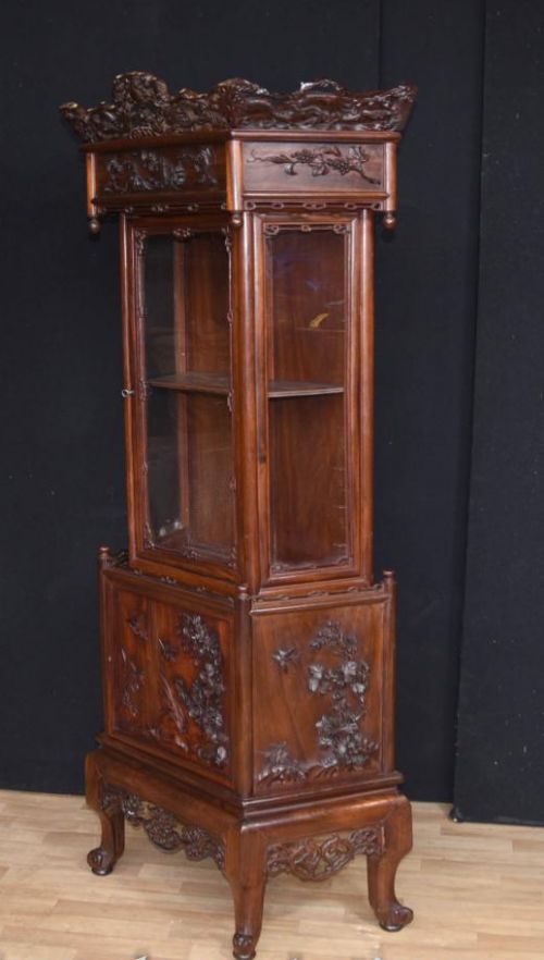 fig 1. Antique Chinese Padauk Hand Carved Display Cabinet Relief Carving Bookcase 1890