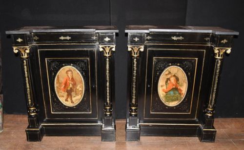 Pair Antique French Cabinets - Ebonized Painted Plaques Credenza Sideboard