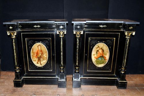fig 1. Pair Antique French Cabinets - Ebonized Painted Plaques Credenza Sideboard
