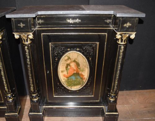 fig 2. Pair Antique French Cabinets - Ebonized Painted Plaques Credenza Sideboard
