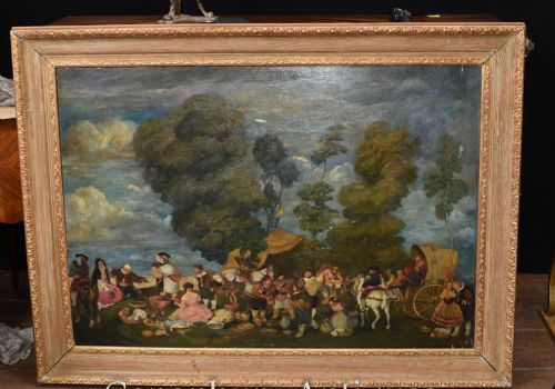 Antique English Oil Painting Medieval Renaissance Country Fayre Scene