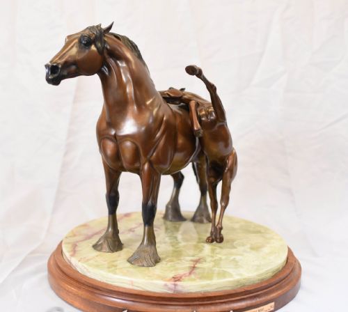 Antique Bronze Horse Statue - The Patient Nurse Mare