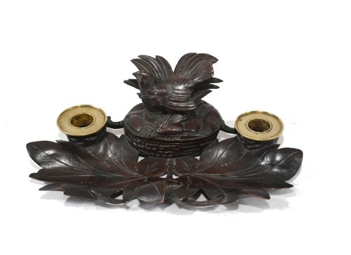 Black Forest Carved Inkwell Desk German Cuckoo Bird 1880