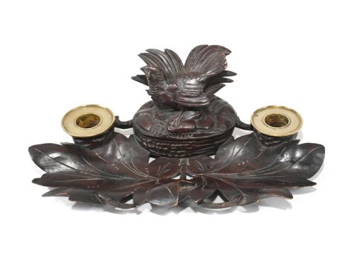 fig 1. Black Forest Carved Inkwell Desk German Cuckoo Bird 1880