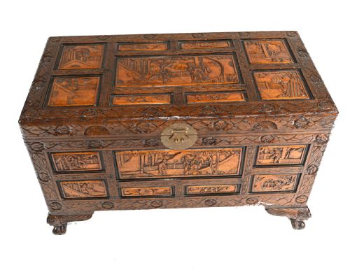 fig 1. Chinese Carved Camphor Chest Luggage Trunk Antique