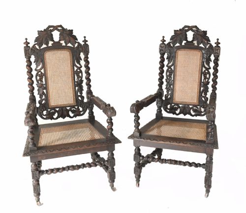fig 1. Pair Carved Oak Arm Chairs Farmhouse Gothic Barley Twist 1880