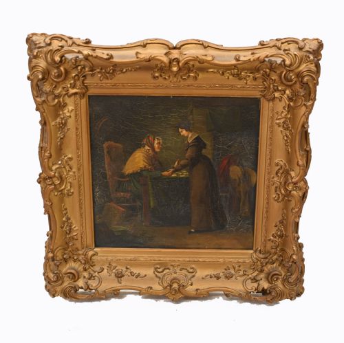 Victorian Oil Painting Gypsy Fortune Teller Antique 1860