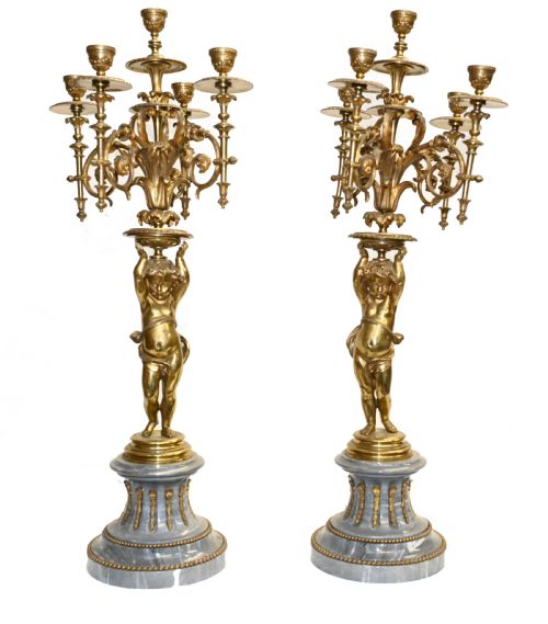 Pair Antique Cherub Candelabras French Ormolu 1885