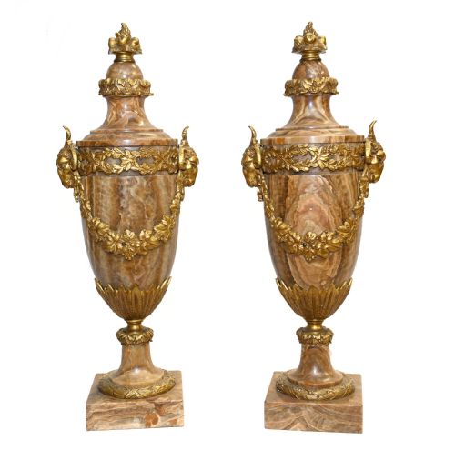 Pair Cassolettes Urns French Antique Marble Ormolu Vases 1885