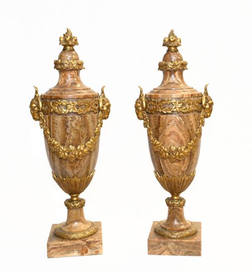 fig 1. Pair Cassolettes Urns French Antique Marble Ormolu Vases 1885
