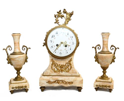 French Mantle Clock Set Garniture Marble 1880