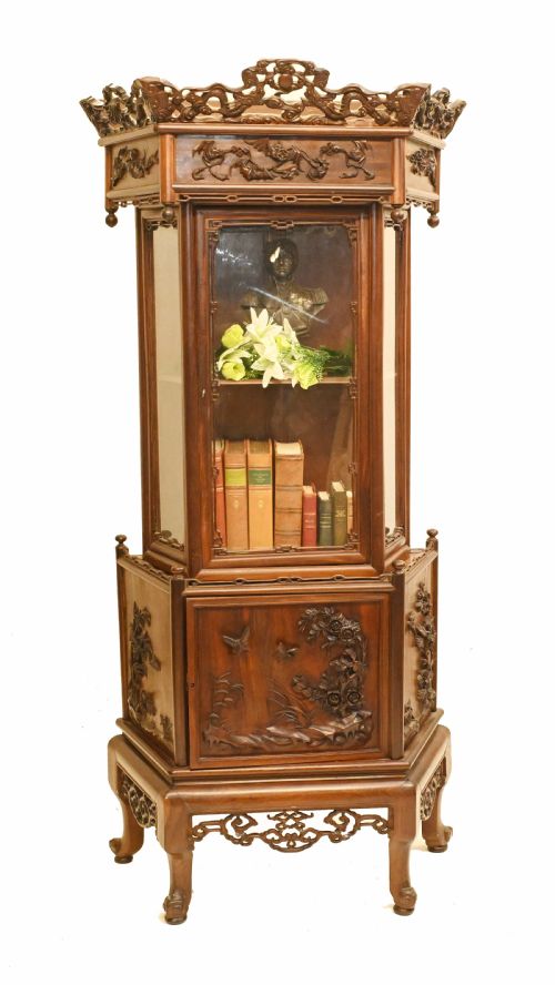 Antique Chinese Cabinet Bookcase Padouk Hand Carved Display Relief Carving 1890