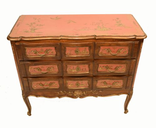 fig 2. Late nineteenth-century Chinoiserie commode featuring three drawers with terracotta lacquered panels, gilded scenes, and curved cabriole legs.