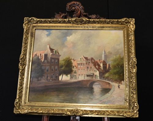 Antique Oil Painting Bruges River Scene Belgian