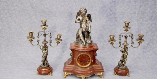 French Empire Antique Clock Set Garniture Cherub Gilt Candelabras