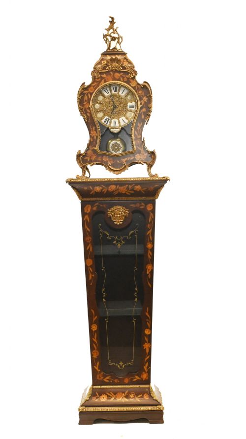 Tiffany Clock on Stand Cabinet Italian Marquetry Inlay Chiming