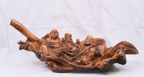 Carved Chinese Wise Men Statue Circa 1900 - Hardwood Boat Figurine