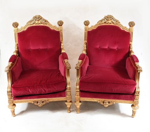 Pair Gilt French Arm Chairs Empire Fauteuils