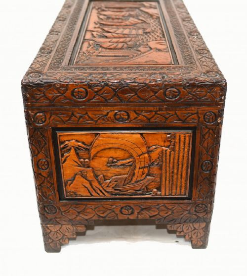fig 1. Antique Chinese Chest Luggage Box Carved Camphor Wood