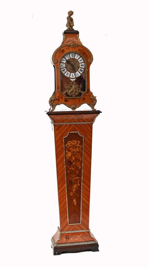 Tiffany Mantle Clock and Stand French Marquetry Inlay