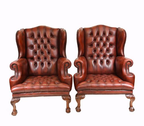 Pair Leather Wing Back Chairs Deep Button Armchairs