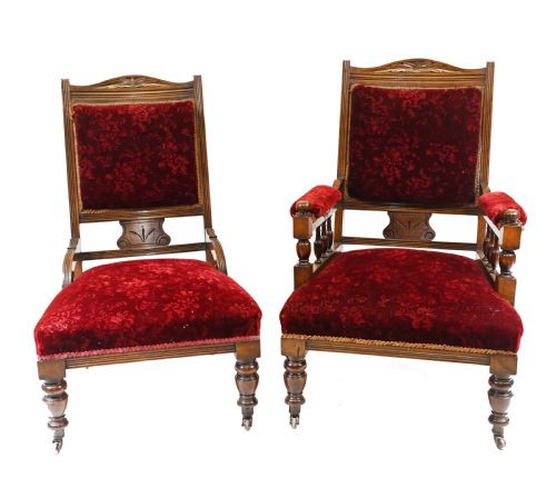 Pair Edwardian Sofa Chairs Mahogany His & Her Seats