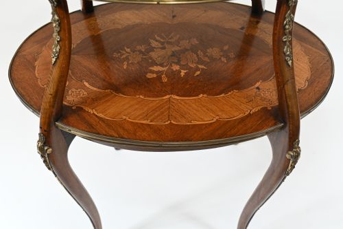 FRENCH ETAGERE TABLE ANTIQUE TIERED MARQUETRY INLAY - ADDITIONAL PHOTO 4