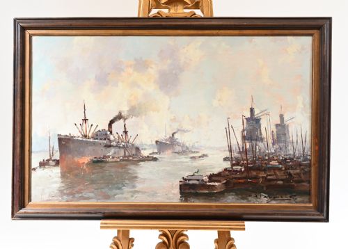 Oil Painting Ostend Maritime Ship Signed Pauwels Antique Art