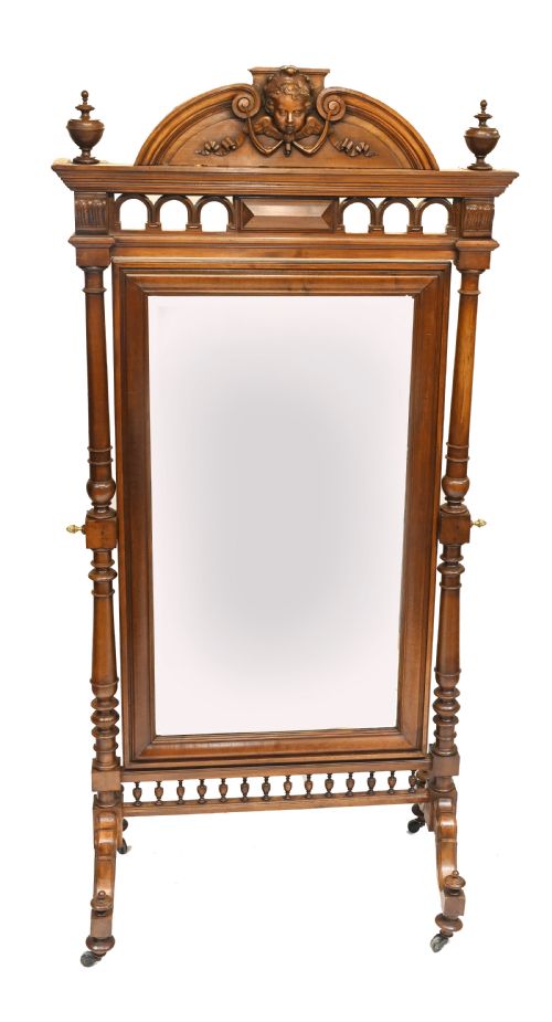 French Cheval Mirror Dressing Carved Walnut Cherub 1860