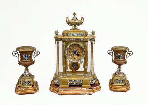 French Clock Set Garniture Champleve Antique Clocks 1860
