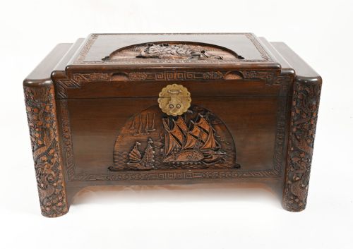 Chinese Camphor Chest Carved Antique Box Trunk Hong Kong