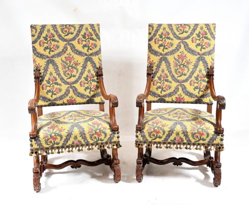 Pair Walnut Arm Chairs Carved Cromwellian Farmhouse