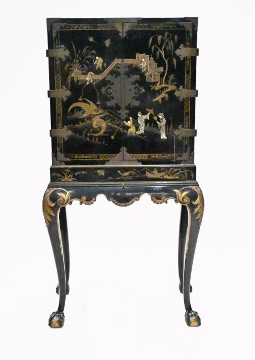 English Specimen Cabinet Chinoiserie Lacquer 1900 Antique
