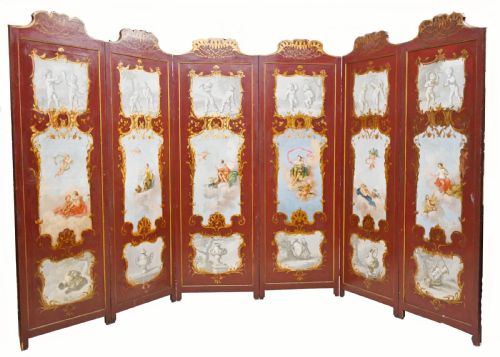 SIX PANEL SCREEN ANTIQUE PAINTED ROOM DIVIDER CHINOISERIE