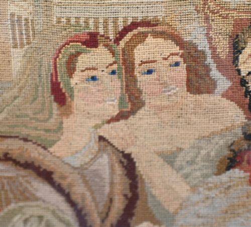 ANTIQUE ITALIAN NEEDLEPOINT TAPESTRY COURTLY MAIDENS 1865 - ADDITIONAL PHOTO 7