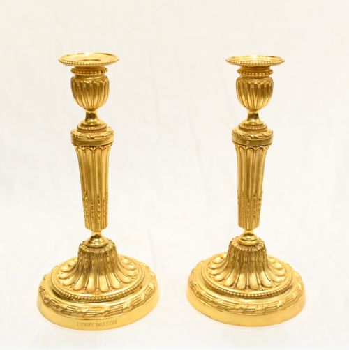 Pair Ormolu Candlesticks Signed Henry Dasson Gilt Candelabra 1880