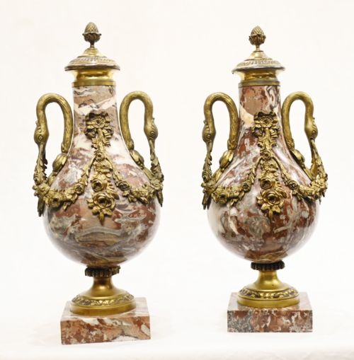 PAIR MARBLE CASSOLETTE URNS FRENCH EMPIRE DECORATIVE VASES 1890